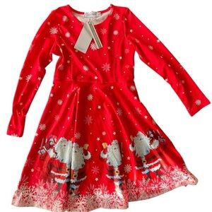 Red Santa Claus dress with snowflakes and long sleeves. #Christmas 
Girls